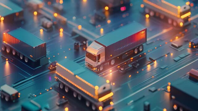Computer generated cityscape with trucks moving through streets, showcasing urban efficiency, Use geometric shapes to symbolize the efficiency and precision of AI-driven logistics software