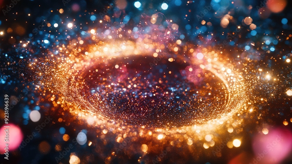 Poster a dynamic and captivating circle of glitter floating in the air, capturing the essence of festive an