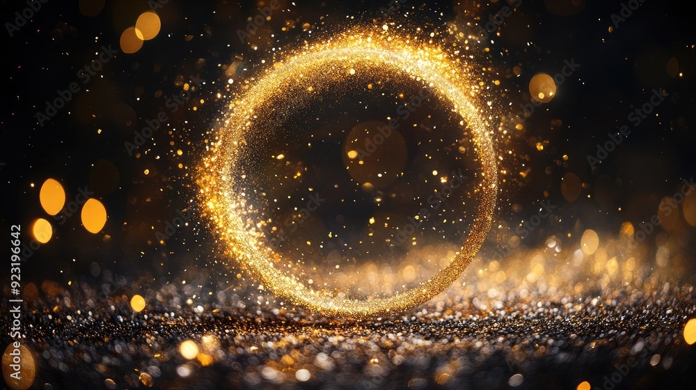 Poster a dynamic and captivating circle of glitter floating in the air, capturing the essence of festive an