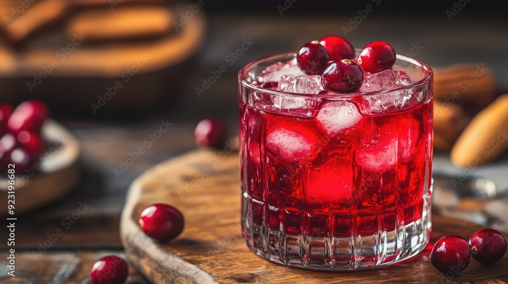 Poster a glass filled with red drink and topped with cranberries, emphasizing its bold color and refreshing