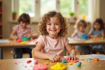 Fototapeta premium Smiling four year old girl playing with playdough in kindergarten classroom