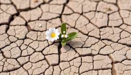 tiny white flower broke through dry cracked earth