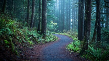 Obraz premium Moody and tranquil forest trail in the early morning 