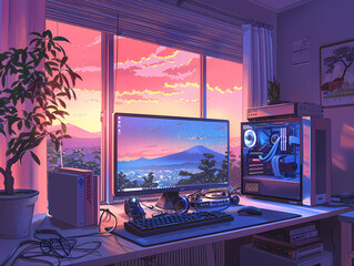 work desk with city views background illustration,beautiful lof animei background
