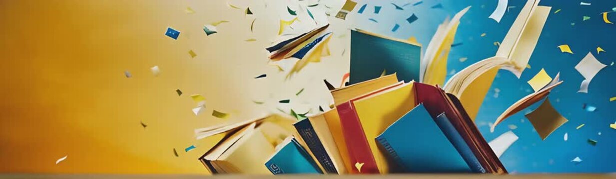 Colorful school supplies and backpack with confetti background, back to school concept
