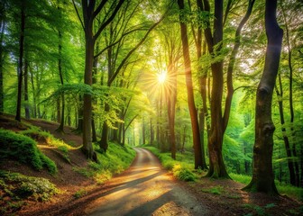 Serene forest scene featuring a winding dirt path surrounded by lush greenery, tall trees, and dappled sunlight filtering through the leafy canopy above.