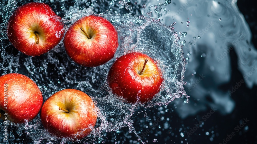 Poster apples being splashed with water, top view. copy space available for branding on the right