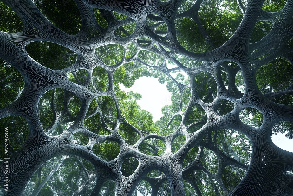 Aufkleber a unique perspective of intertwining branches and sunlight filtering through green leaves in a lush 