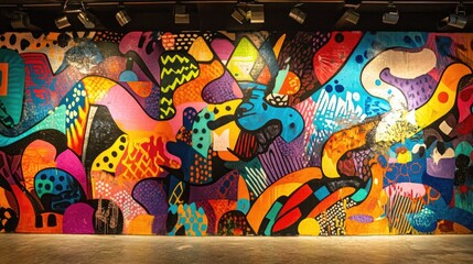 A wall adorned with colorful graffiti, showcasing a vibrant mix of patterns and hues that energize the space.