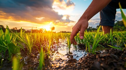 A serene image of a hand brushing over the tops of rice plants in a field, with the sun setting in the background, casting a warm glow over the landscape