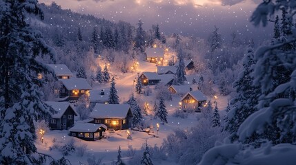 Snowy Winter Night with Illuminated Cottages in a Forest
