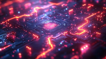 Obraz premium Futuristic, high-tech circuit board illuminated by vibrant neon lights.