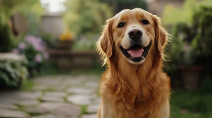 A close-up of a Golden Retriever's face with its friendly expression, sitting on a stone path in a garden.