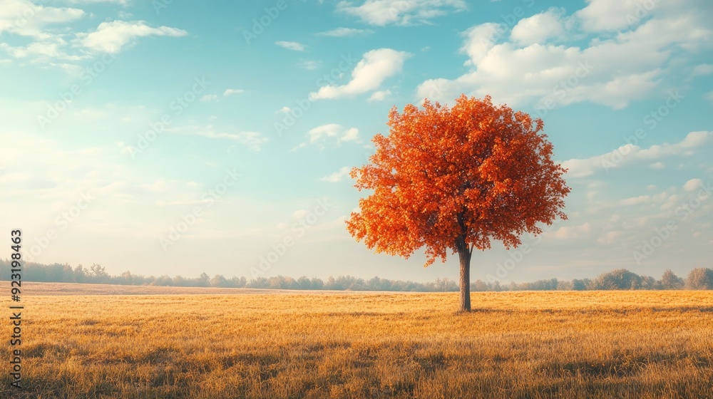 Poster beautiful fall scenery with a striking orange tree in the foreground. copy space at the top for your