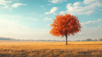 Beautiful fall scenery with a striking orange tree in the foreground. Copy space at the top for your message