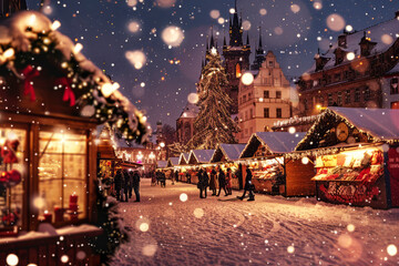 Fototapeta premium A bustling Christmas market with stalls selling festive goods, people drinking hot cocoa, and colorful lights strung above, creating a lively holiday atmosphere 