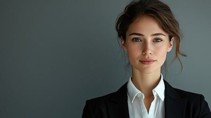 Businesswoman in a suit, confidently looking at the camera. Copy space on the left side for text or branding