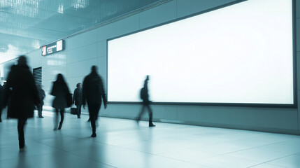 Fototapeta premium Blurry commuters walking past a large blank billboard in a subway station.