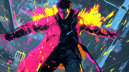 Fototapeta premium Cyber-Augmented Anime Man in High-Tech Dramatic Flaring Coat with Vibrant Colors