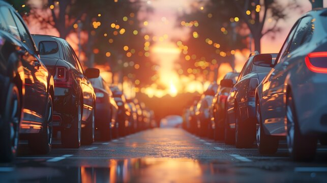 There is a row of cars in the outdoor parking lot. Used car sale and rental market, car parking lot, car dealership, dealer agent, and rebate incentive policie for the purchase of car concept.