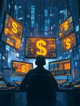People are working on hardwere about finance and economics in a room at night.