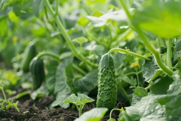 Obraz premium Harvest of green pimply cucumbers in the garden. The concept of growing vegetables without GMOs, small business development, vegetable growing. 