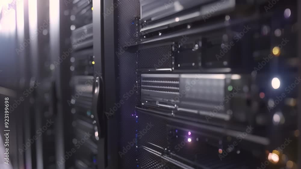 Poster a row of servers arranged in a data center, storing and processing data for secure cloud storage sol