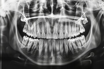 A detailed image of a dental X-ray displayed on a lightbox, showing the structure of teeth and jaw, in a clinical setting
