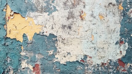 Close-up of an old wall with peeling paint and rough texture, showcasing faded colors and weathered details.