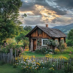 Fototapeta premium village life in Serbia with a realistic photograph featuring a quaint wooden cabin nestled amidst the picturesque countryside, evoking a sense of tranquility and serenity.