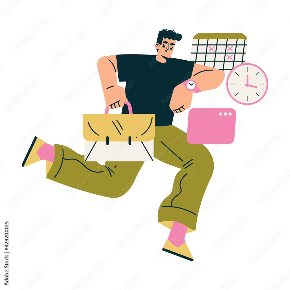 Poster multitasking man character hurry up doing multiple task vector illustration