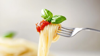 Closeup of a metal fork with spaghetti pasta, tomato sauce, and a basil leaf. Copy space available on the left
