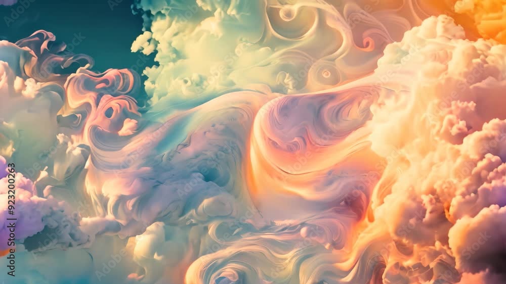 Poster painting depicting swirling clouds against a soft sky backdrop, utilize swirling patterns and soft c
