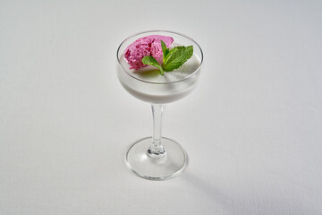 A minimalist composition featuring a delicate pink sorbet scoop resting on a silky smooth panna cotta