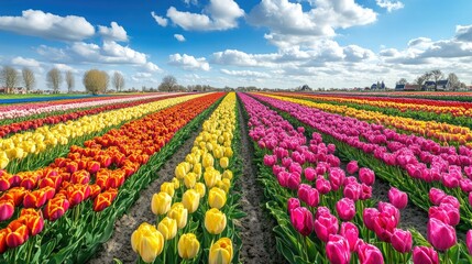 Colorful landscape of tulip fields in Zaanse Schans, Netherlands. Ample copy space on the top for text