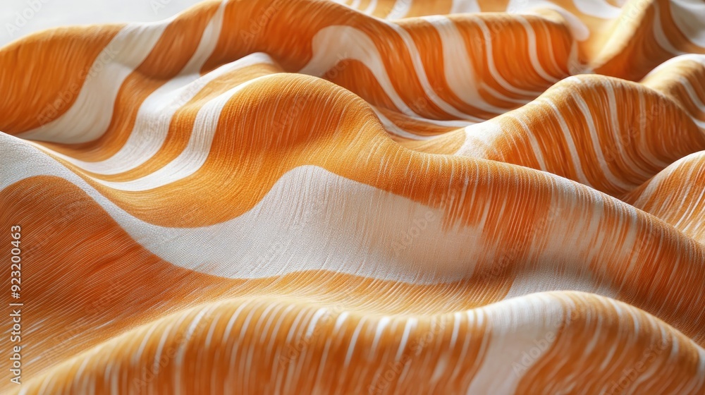 Poster detailed view of a long orange fabric featuring a wave pattern, showcasing its texture and color in 