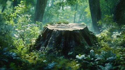 Obraz premium Detailed view of a large tree stump in a thriving green forest, emphasizing the contrast between the stump and the lush surroundings.