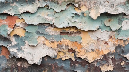 Detailed view of peeling paint on a rough wall surface, with layers of old colors revealing age and wear.