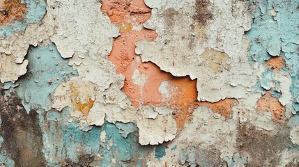 Obraz premium Detailed view of peeling paint on a rough wall surface, with layers of old colors revealing age and wear.