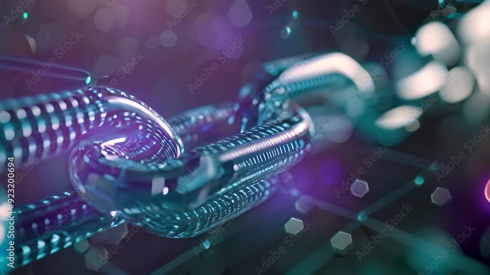 Poster detailed view of a vibrant blue chain against a dark black backdrop, utilizing blockchain technology