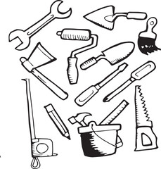 Carpenter tools vector icon set hand drawn style isolated on white background. 