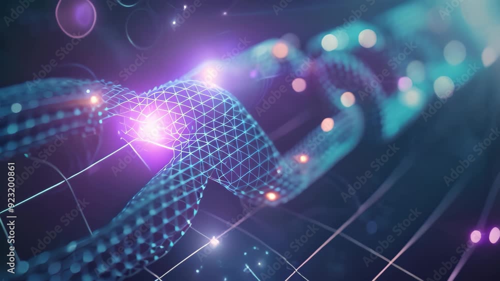 Poster blue wire with intricate dots and lines pattern for blockchain technology applications, utilizing bl
