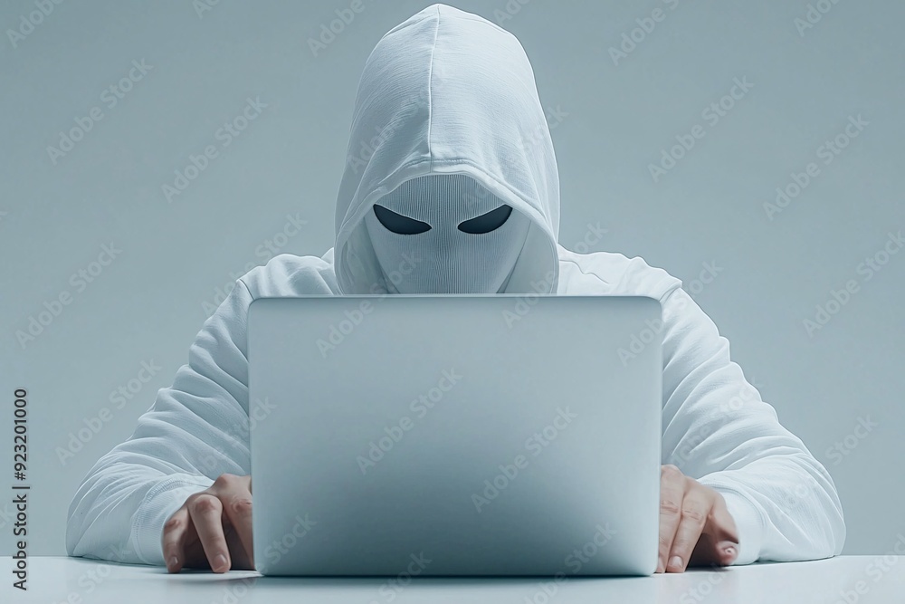 Poster a hacker's hands typing on a laptop, with a faint reflection of a masked face on the screen, creatin