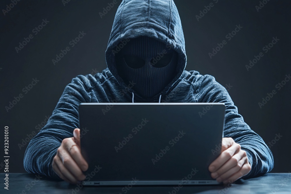 Poster a hacker's hands typing on a laptop, with a faint reflection of a masked face on the screen, creatin