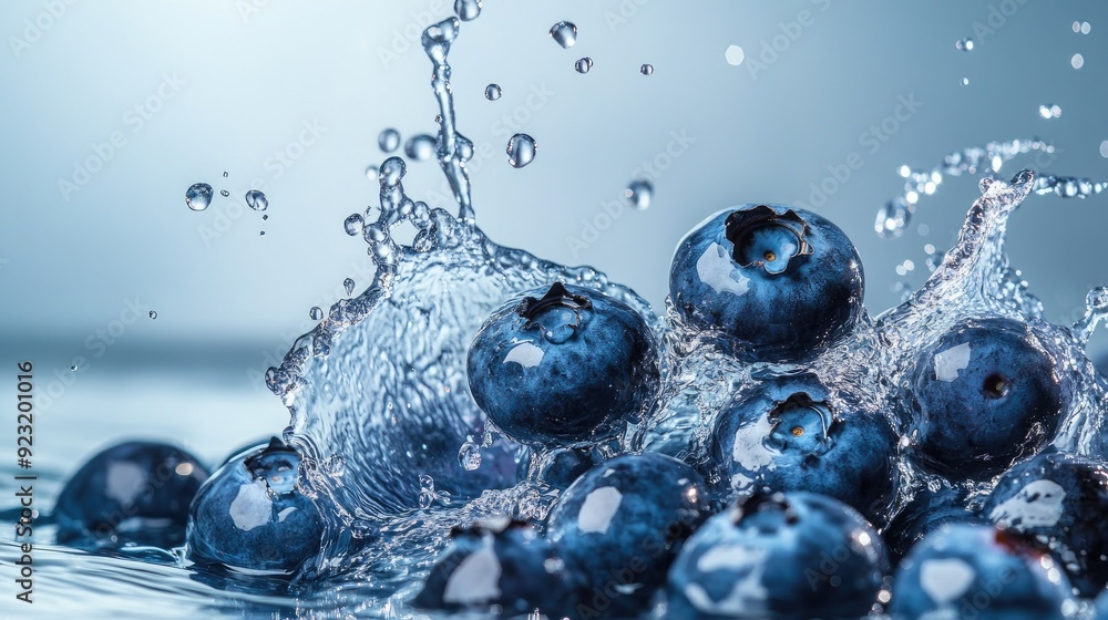 Poster fresh blueberries splashing in water, ample space on the bottom for your message