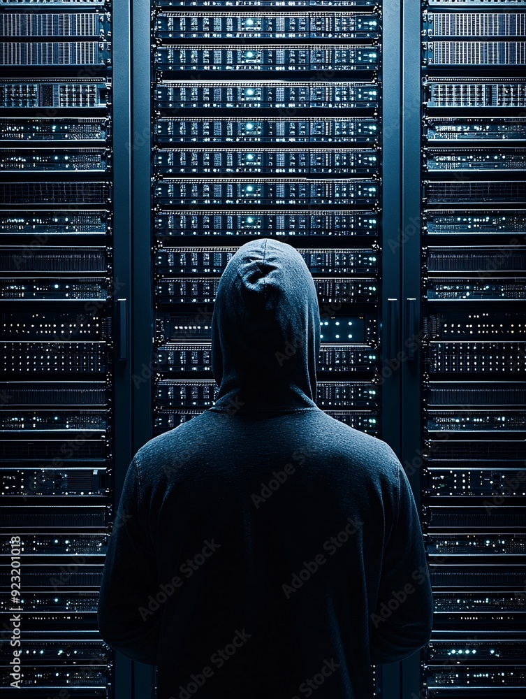 Poster a hacker standing in front of a wall of servers, the face hidden by shadows and a hood, with the res