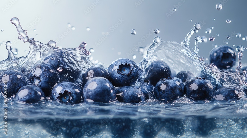 Poster fresh blueberries splashing in water. copy space at the top for your branding or message