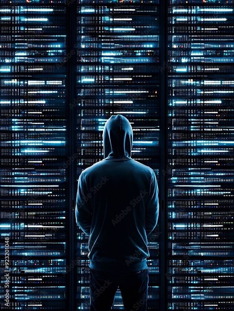Poster a hacker standing in front of a wall of servers, the face hidden by shadows and a hood, with the res