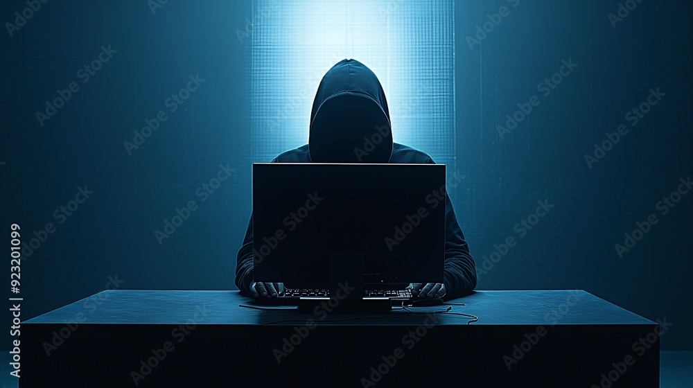 Poster a shadowy figure in a dark hoodie sits at a computer, the face obscured by the screen's glow, repres
