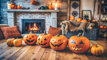 A living room decorated for Halloween with carved pumpkins, spooky garlands, and orange and black accents
